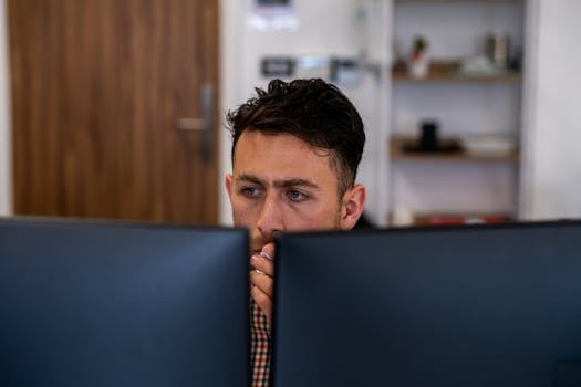 An anxious professional staring at a computer screen